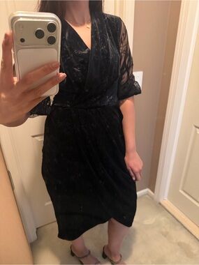 Black velvet V-Neck Wrap Dress with Sheer Sleeves